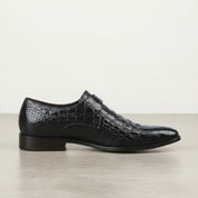 Men's Black Crocodile-Embossed Leather Monk Strap Shoes — Royston