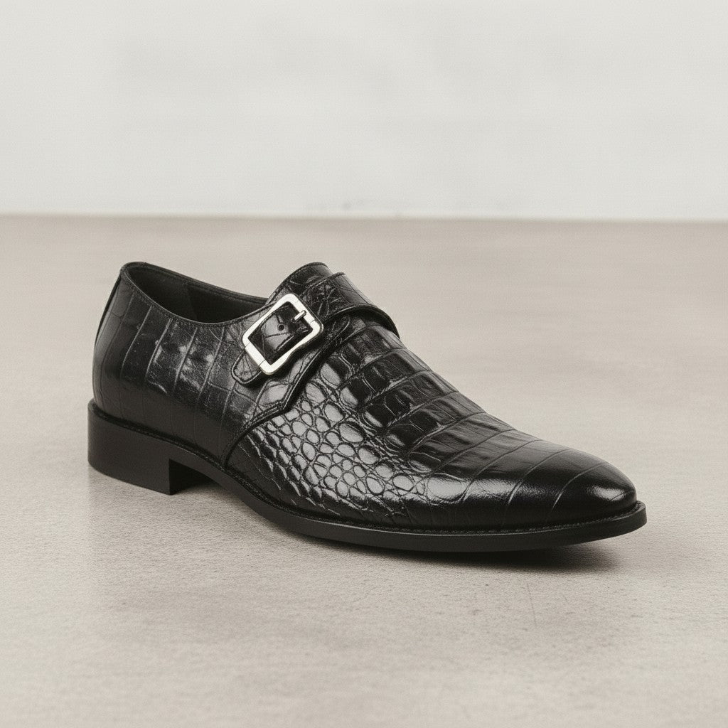 Men's Black Crocodile-Embossed Leather Monk Strap Shoes — Royston