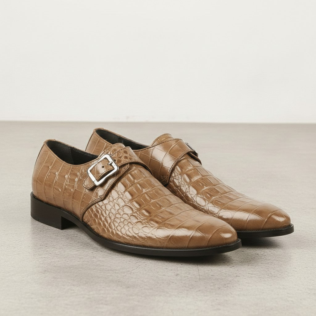 Men's Tan Crocodile-Embossed Leather Monk Strap Shoes — Royston