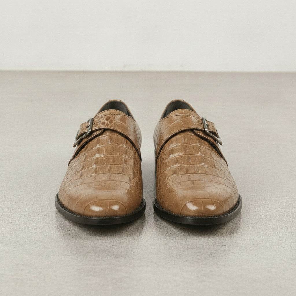 Men's Tan Crocodile-Embossed Leather Monk Strap Shoes — Royston
