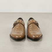 Men's Tan Crocodile-Embossed Leather Monk Strap Shoes — Royston