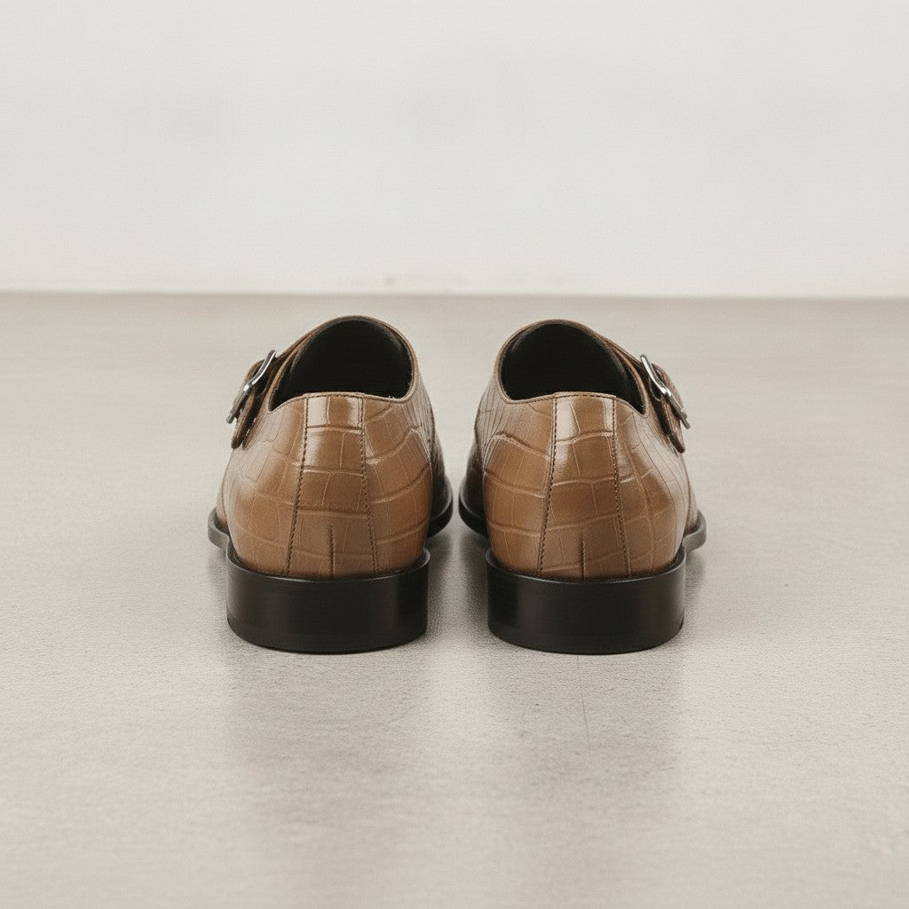Men's Tan Crocodile-Embossed Leather Monk Strap Shoes — Royston