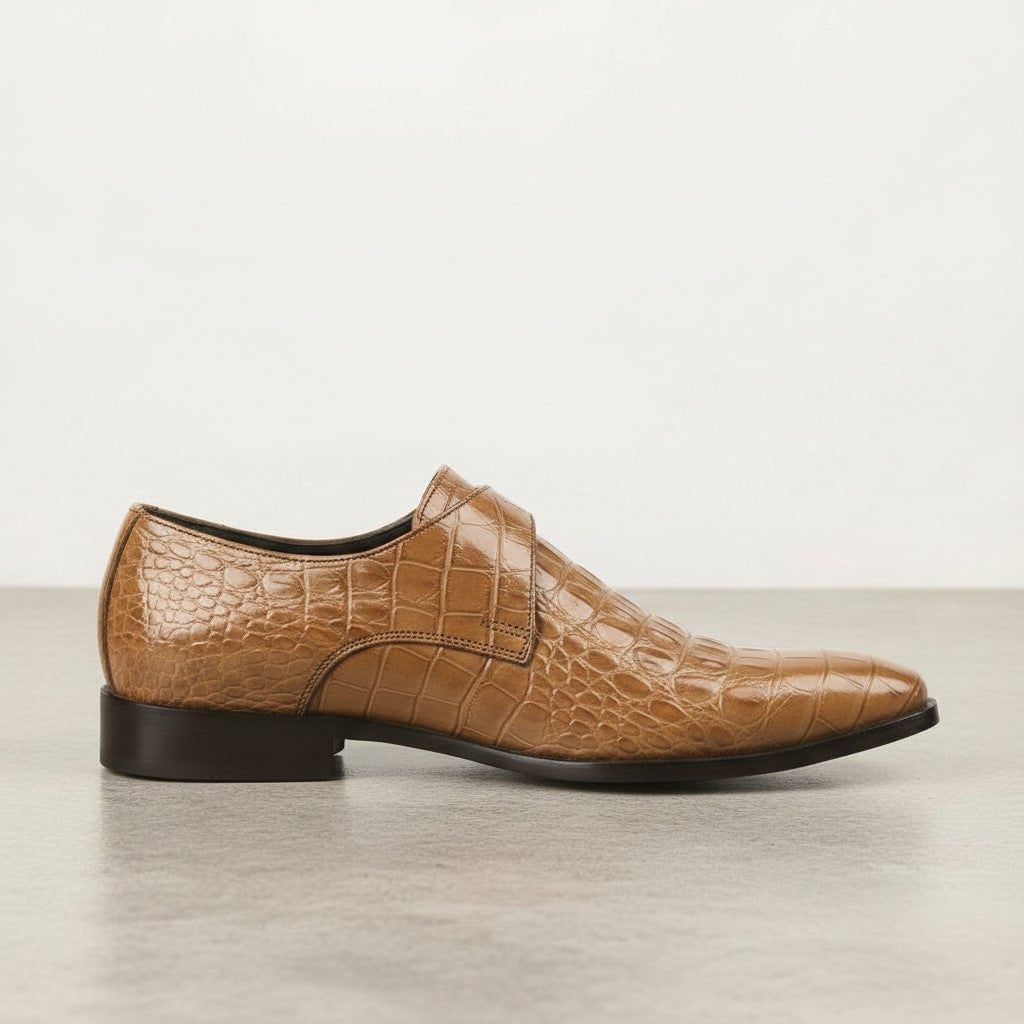 Men's Tan Crocodile-Embossed Leather Monk Strap Shoes — Royston