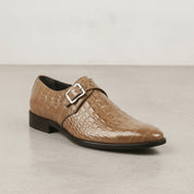Men's Tan Crocodile-Embossed Leather Monk Strap Shoes — Royston