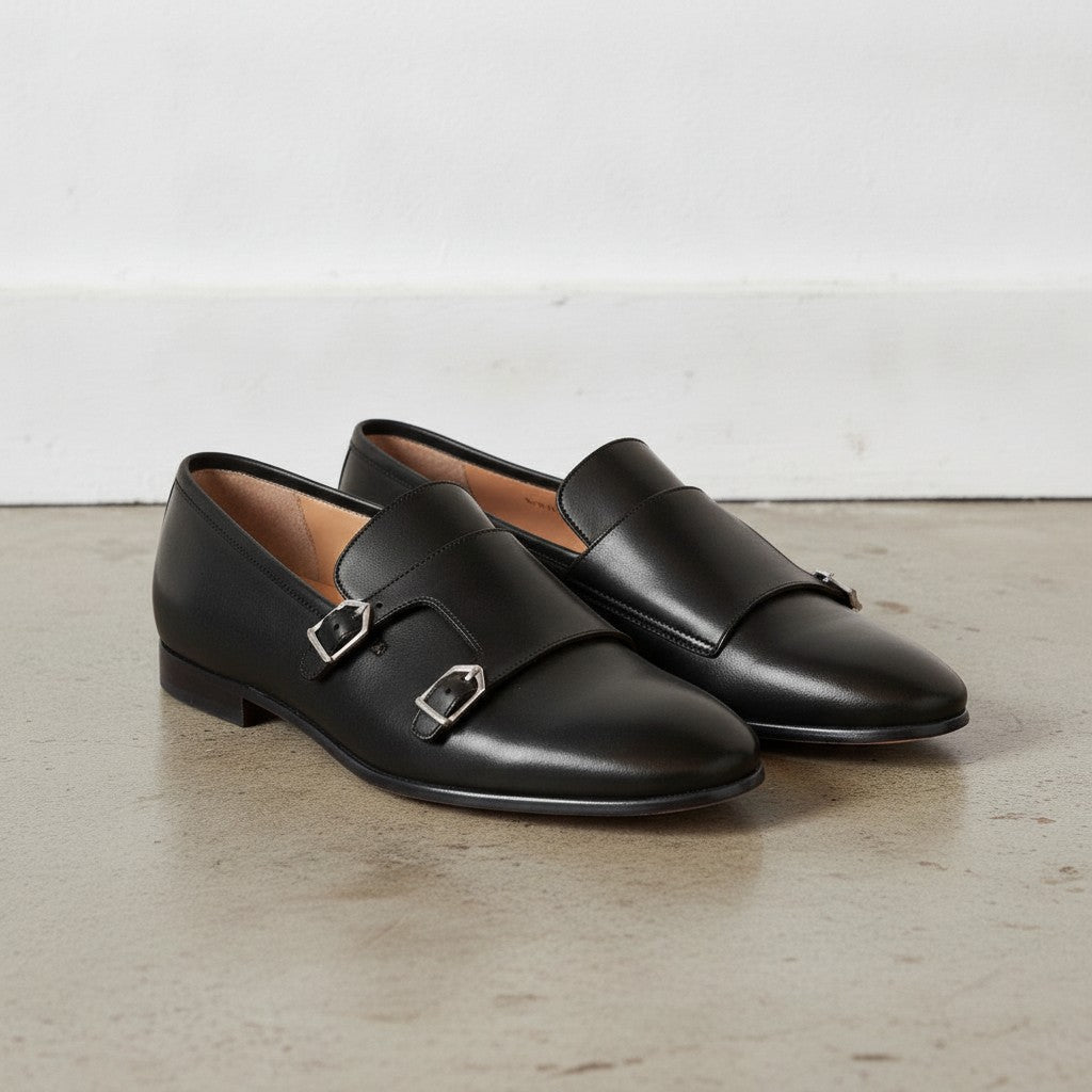 Men's Dark Black Plain-Toe Leather Monk Strap Shoes — Bindon — Bindon