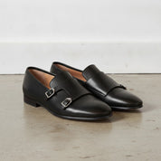 Men's Dark Black Plain-Toe Leather Monk Strap Shoes — Bindon — Bindon