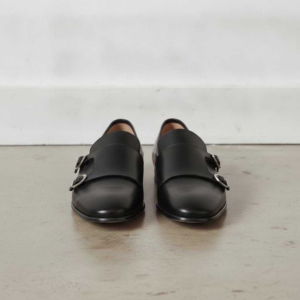 Men's Dark Black Plain-Toe Leather Monk Strap Shoes — Bindon — Bindon