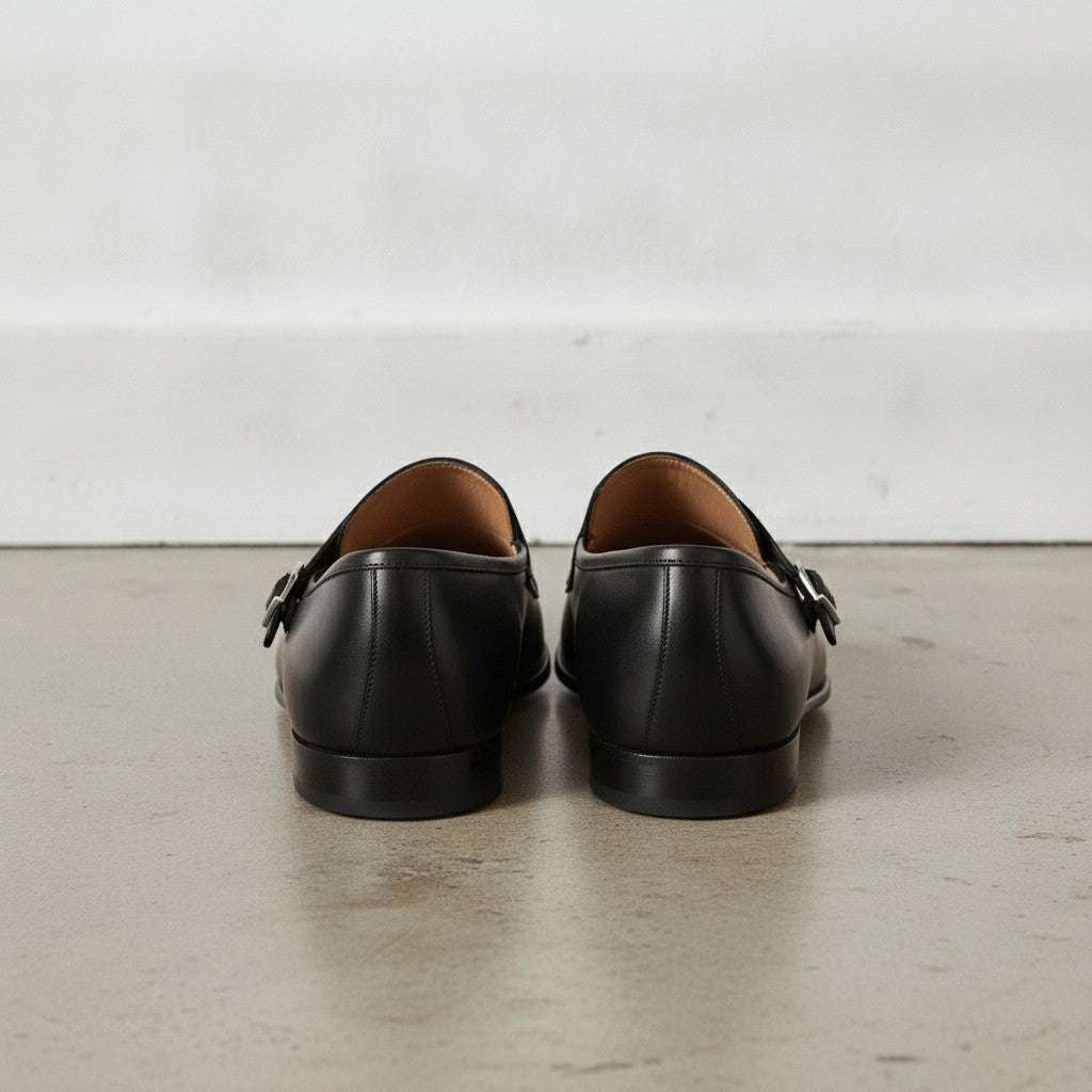 Men's Dark Black Plain-Toe Leather Monk Strap Shoes — Bindon — Bindon