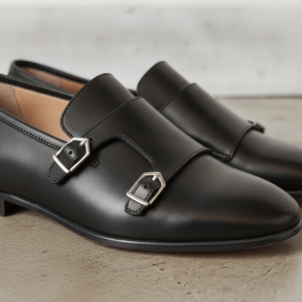Men's Dark Black Plain-Toe Leather Monk Strap Shoes — Bindon — Bindon
