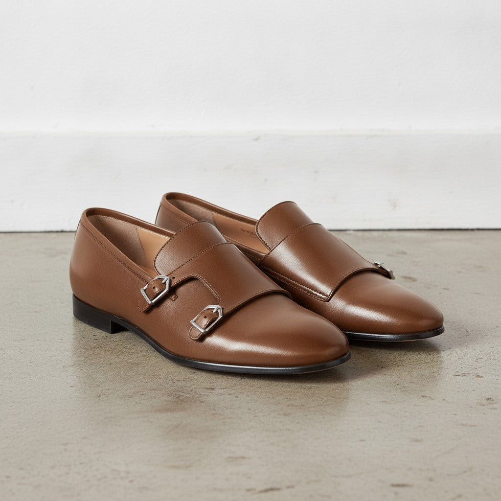 Men's Dark Brown Plain-Toe Leather Monk Strap Shoes — Bindon