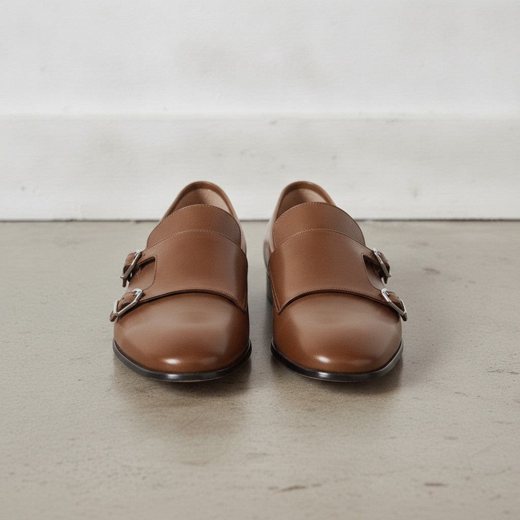 Men's Dark Brown Plain-Toe Leather Monk Strap Shoes — Bindon