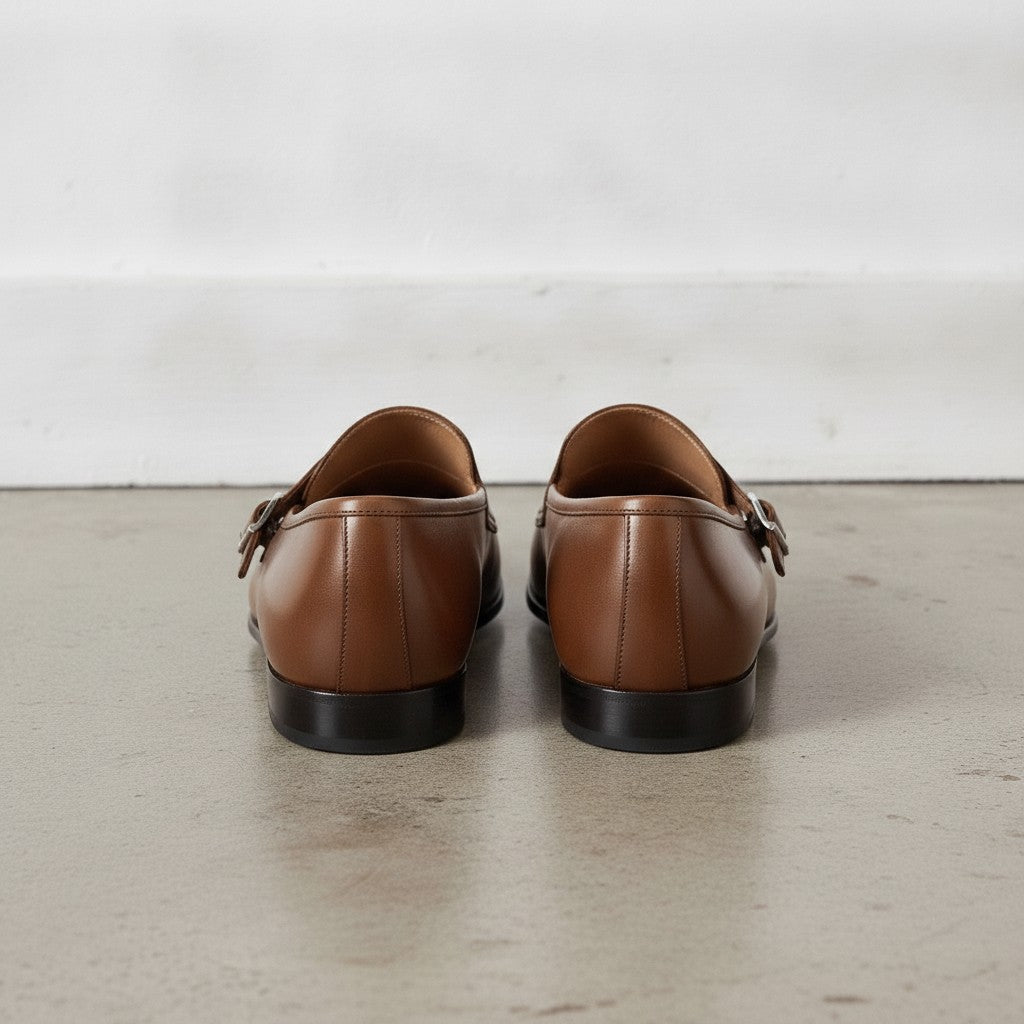 Men's Dark Brown Plain-Toe Leather Monk Strap Shoes — Bindon