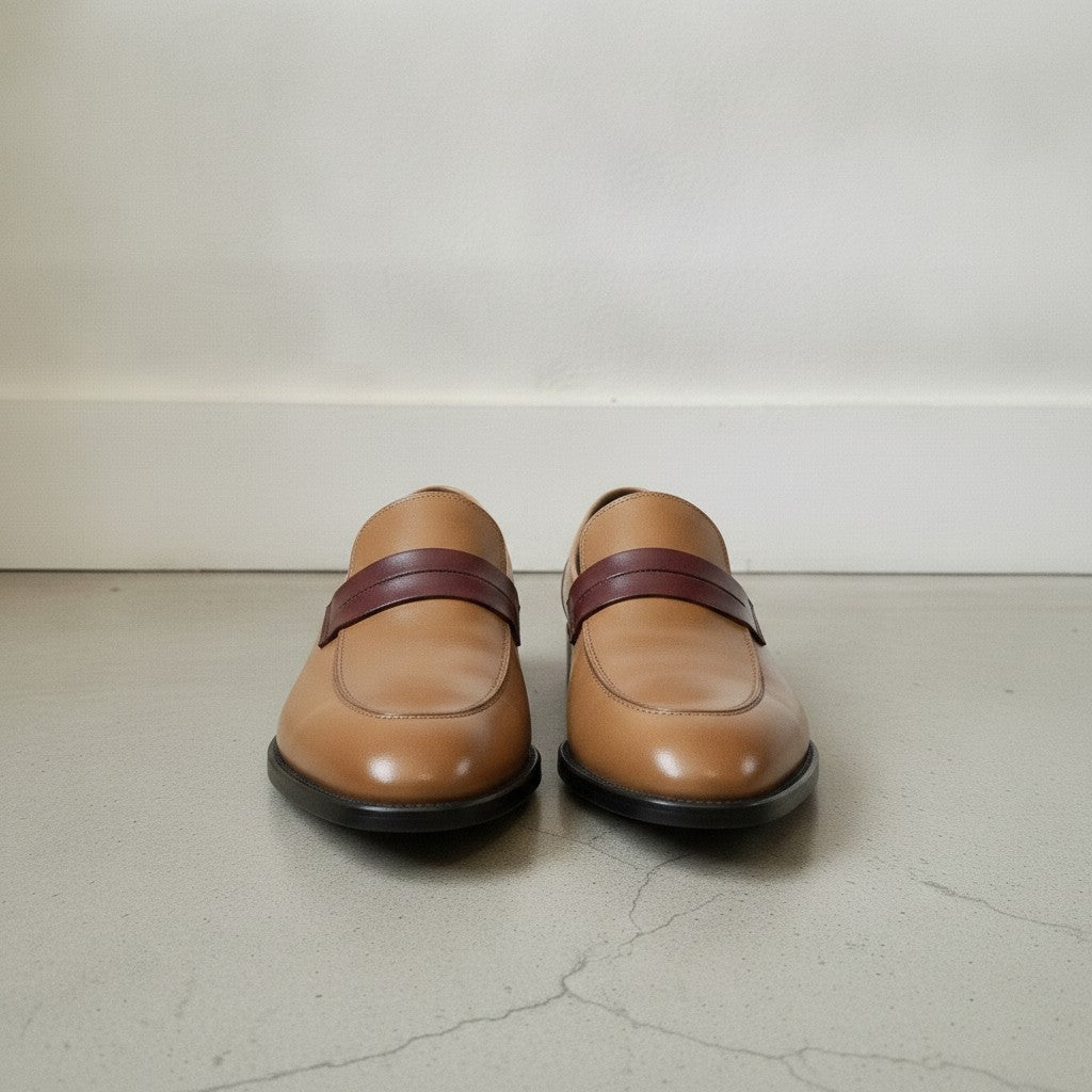 Men's Tan and Burgundy Two-Tone Leather Penny Loafers — Dunsworth