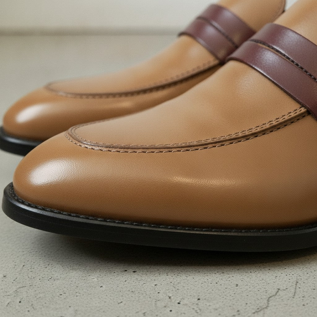 Men's Tan and Burgundy Two-Tone Leather Penny Loafers — Dunsworth
