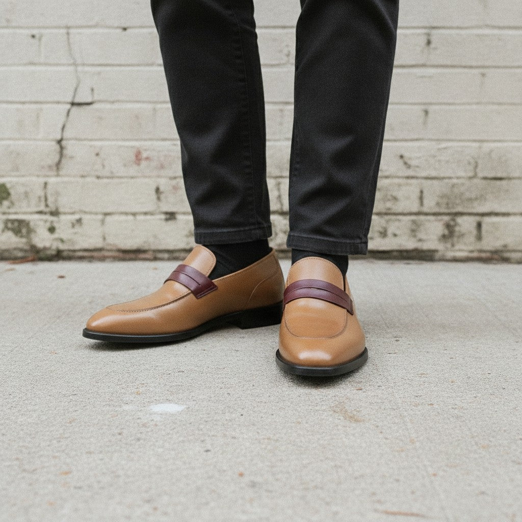 Men's Tan and Burgundy Two-Tone Leather Penny Loafers — Dunsworth