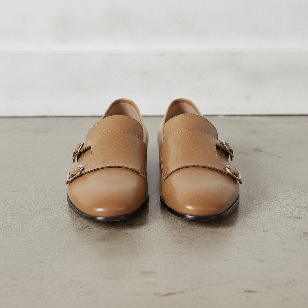 Men's Dark Tan Plain-Toe Leather Monk Strap Shoes — Bindon — Bindon