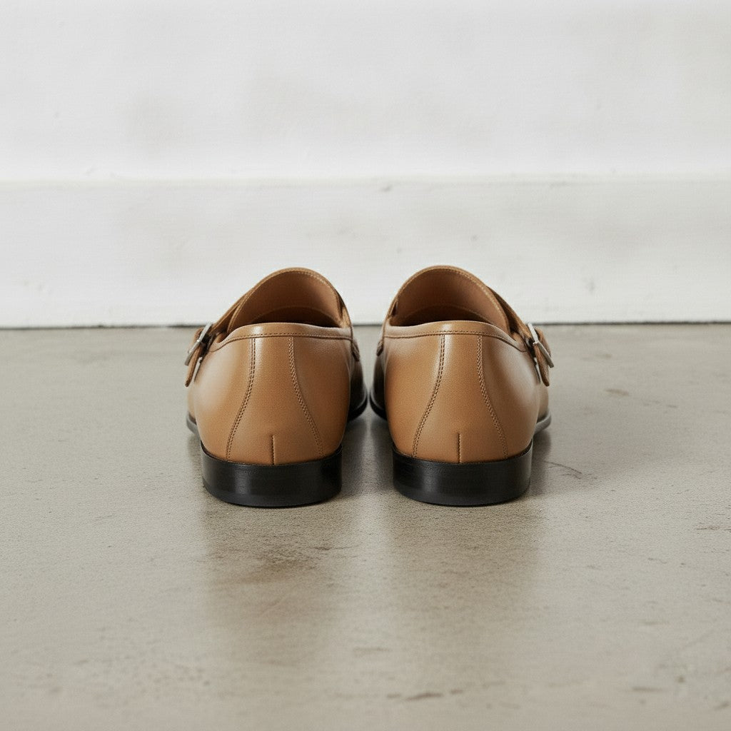 Men's Dark Tan Plain-Toe Leather Monk Strap Shoes — Bindon — Bindon