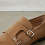Men's Dark Tan Plain-Toe Leather Monk Strap Shoes — Bindon — Bindon