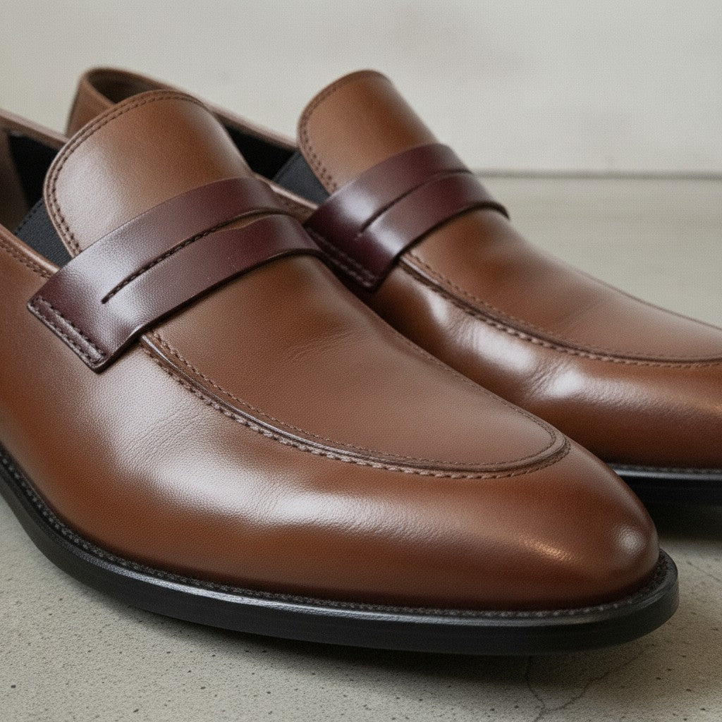 Men's Brown and Burgundy Two-Tone Leather Penny Loafers — Dunsworth