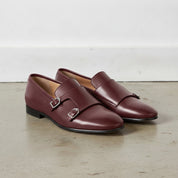 Men's Dark Burgundy Plain-Toe Leather Monk Strap Shoes — Bindon
