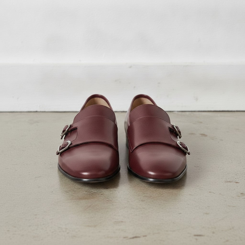 Men's Dark Burgundy Plain-Toe Leather Monk Strap Shoes — Bindon