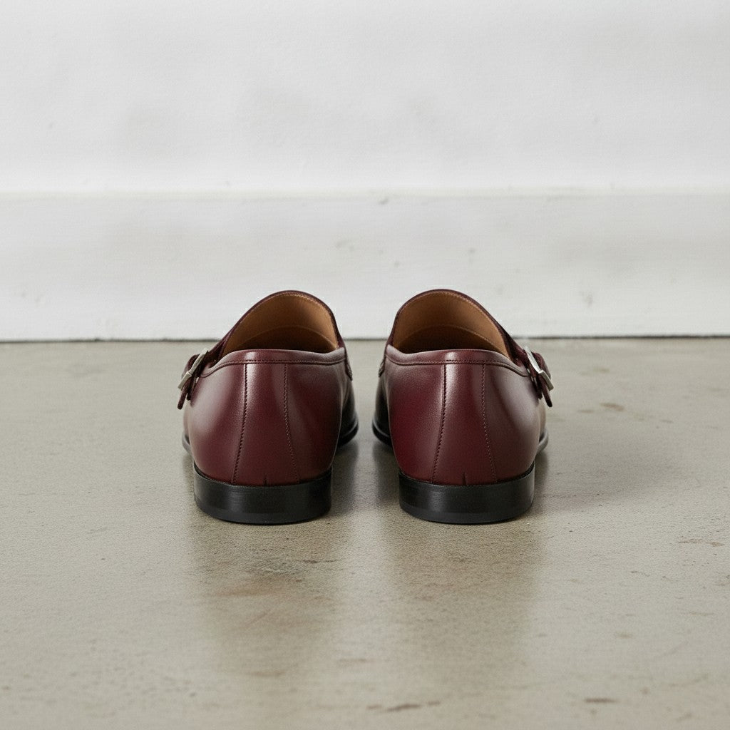 Men's Dark Burgundy Plain-Toe Leather Monk Strap Shoes — Bindon