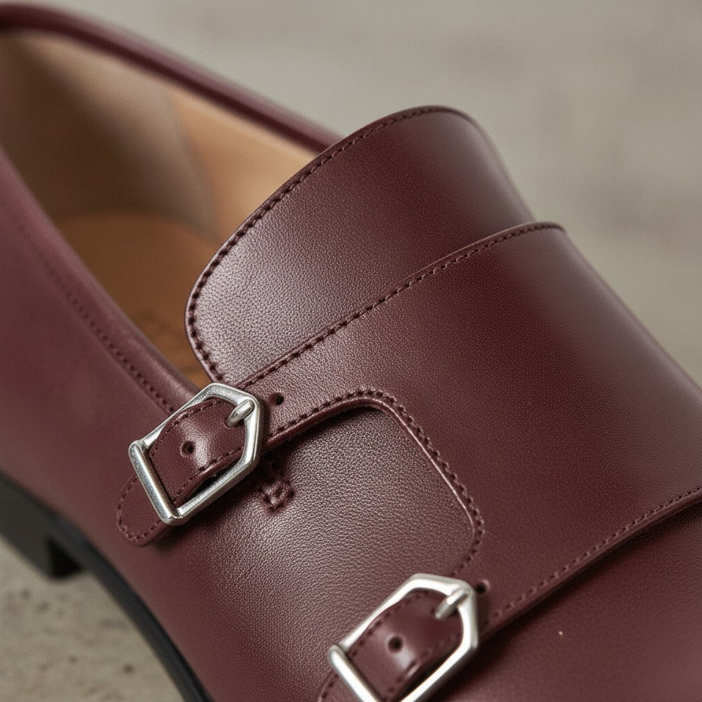 Men's Dark Burgundy Plain-Toe Leather Monk Strap Shoes — Bindon