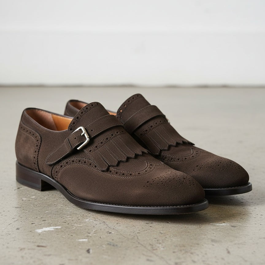 Men's Dark Brown Plain-Toe Suede Monk Strap Dress Shoes — Alveley — Alveley