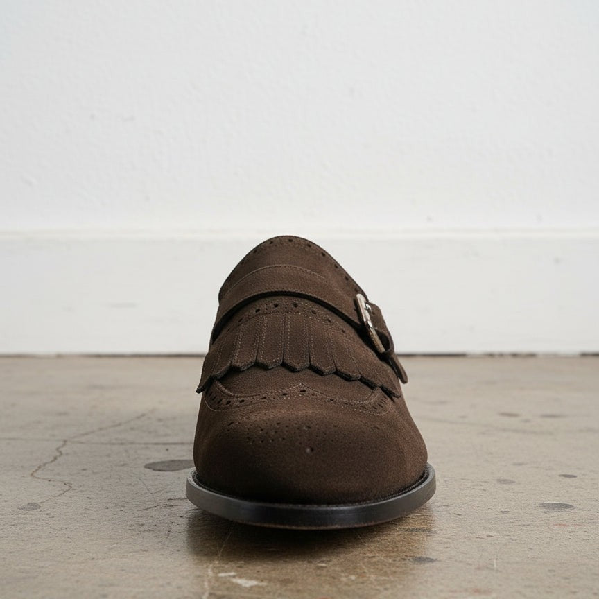 Men's Dark Brown Plain-Toe Suede Monk Strap Dress Shoes — Alveley — Alveley