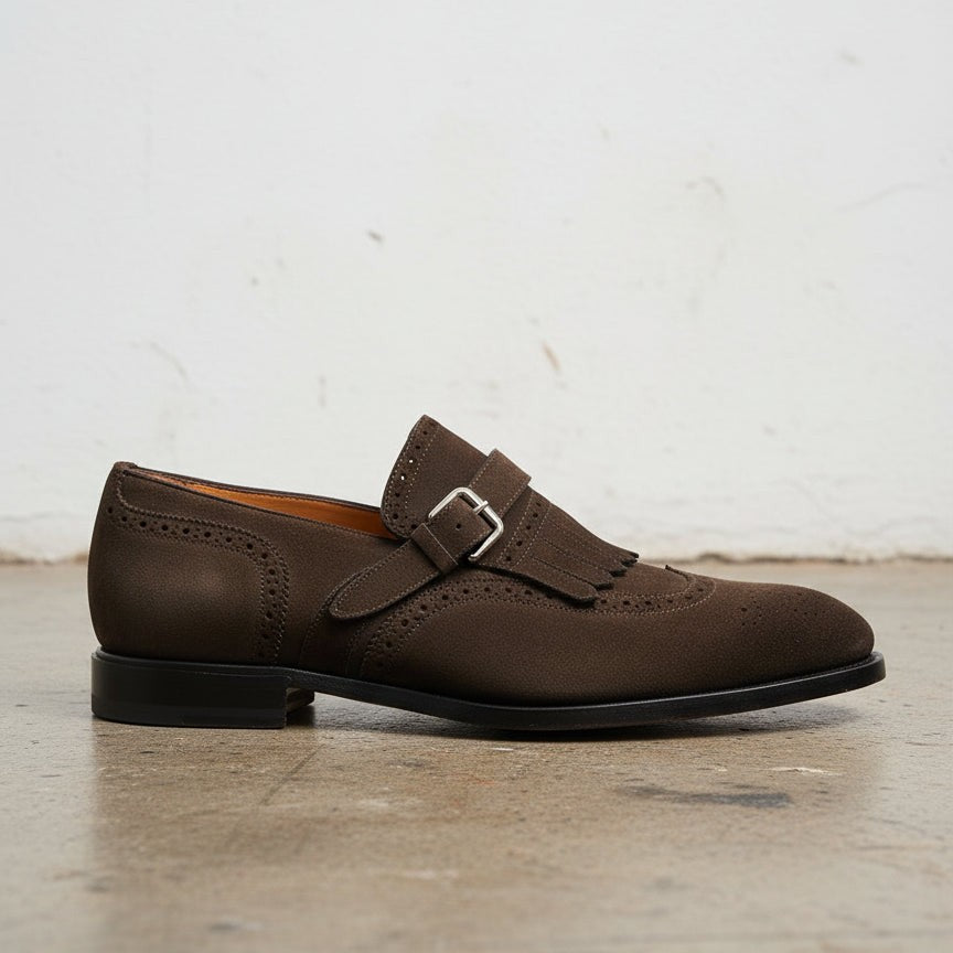 Men's Dark Brown Plain-Toe Suede Monk Strap Dress Shoes — Alveley — Alveley