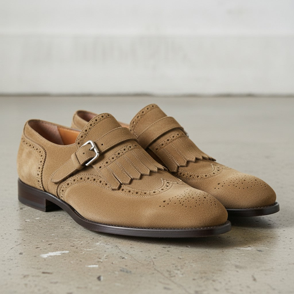 Men's Tan Wingtip Suede Kiltie Monk Strap Shoes — Alveley