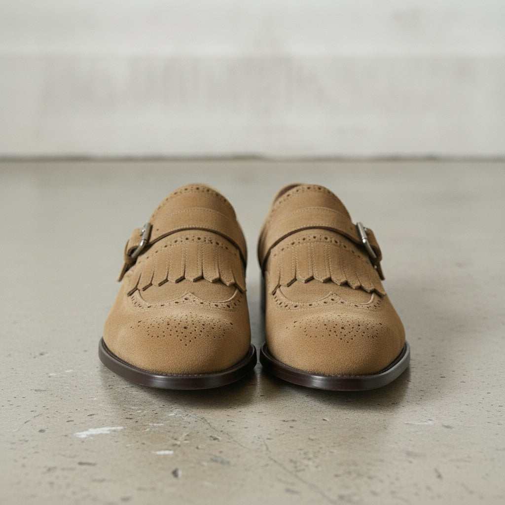 Men's Tan Wingtip Suede Kiltie Monk Strap Shoes — Alveley