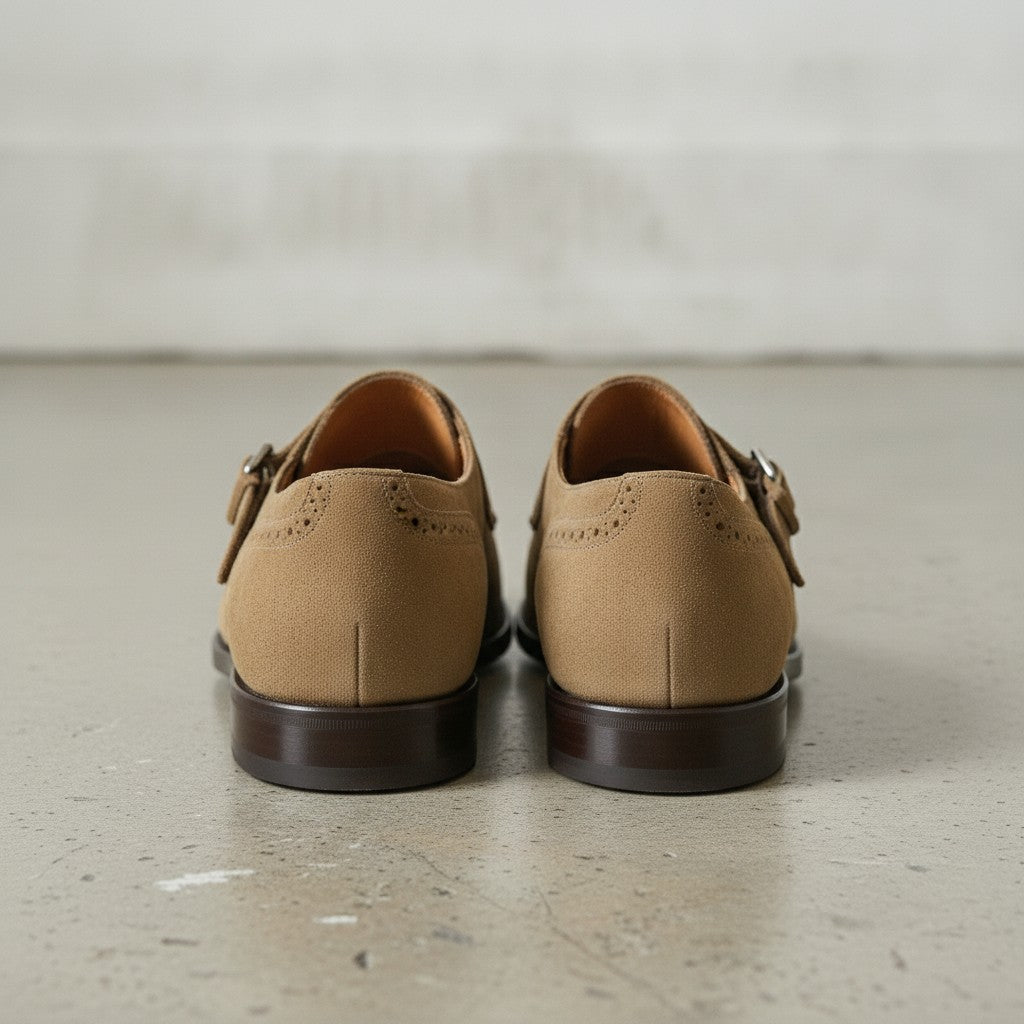 Men's Tan Wingtip Suede Kiltie Monk Strap Shoes — Alveley