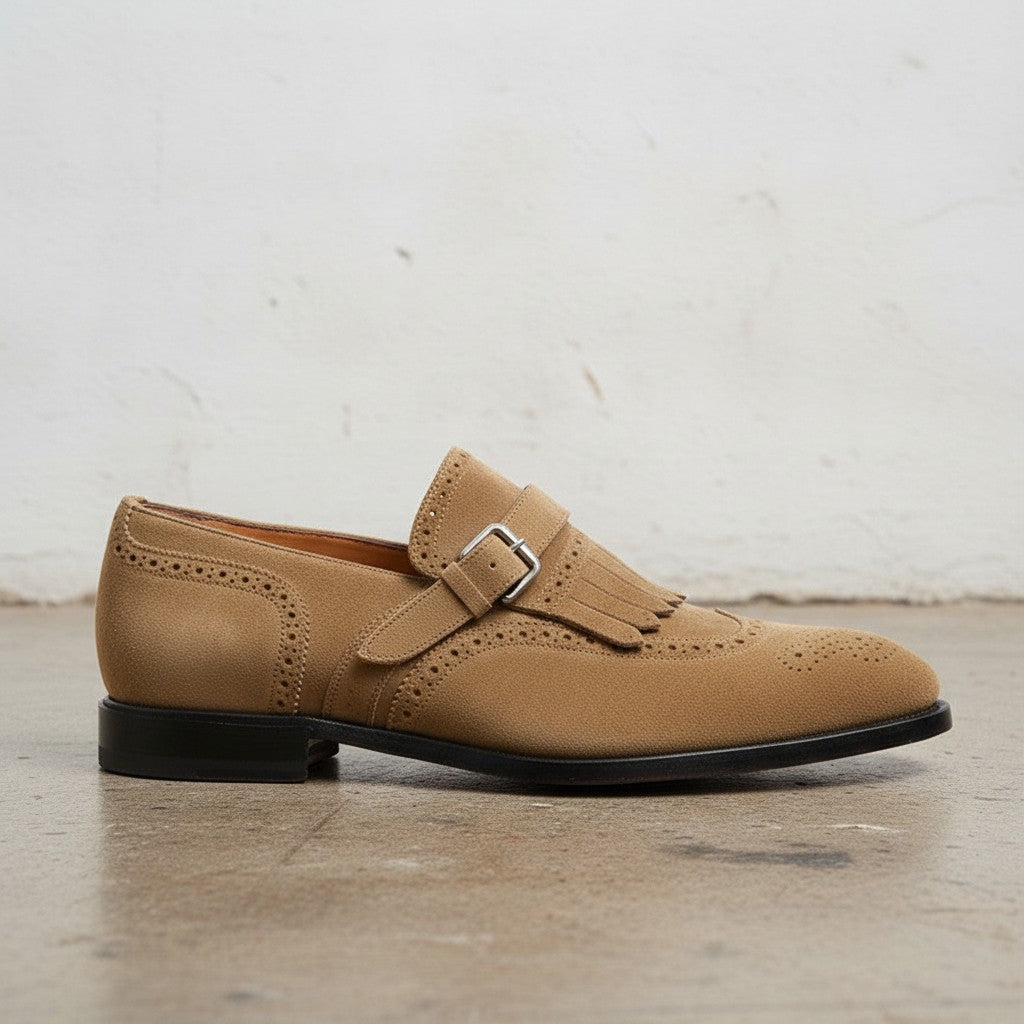 Men's Tan Wingtip Suede Kiltie Monk Strap Shoes — Alveley