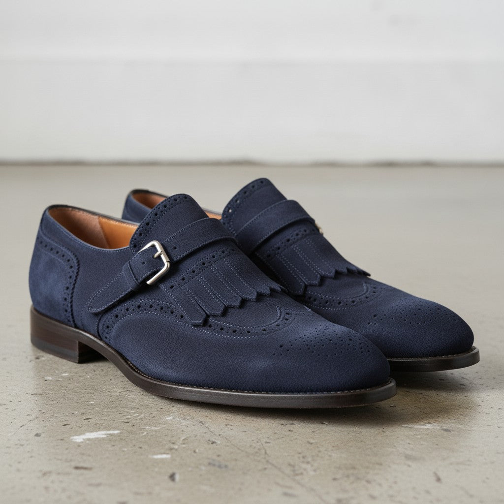 Men's Navy Blue Plain-Toe Suede Monk Strap Shoes — Alveley