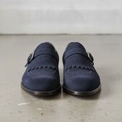 Men's Navy Blue Plain-Toe Suede Monk Strap Shoes — Alveley