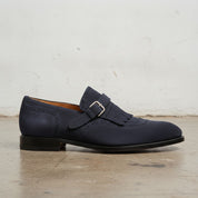 Men's Navy Blue Plain-Toe Suede Monk Strap Shoes — Alveley