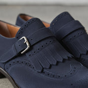 Men's Navy Blue Plain-Toe Suede Monk Strap Shoes — Alveley
