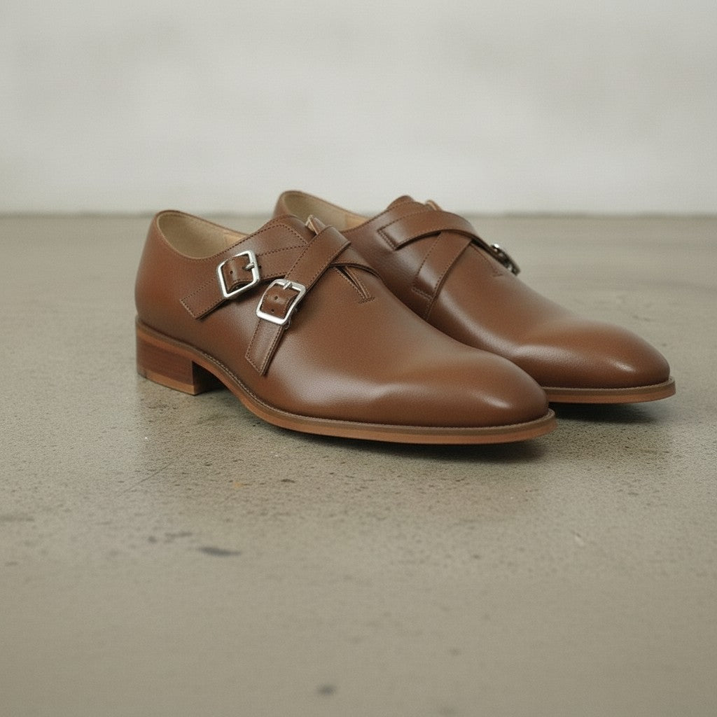 Men's Brown Plain-Toe Leather Double Monk Strap Shoes — Farlam