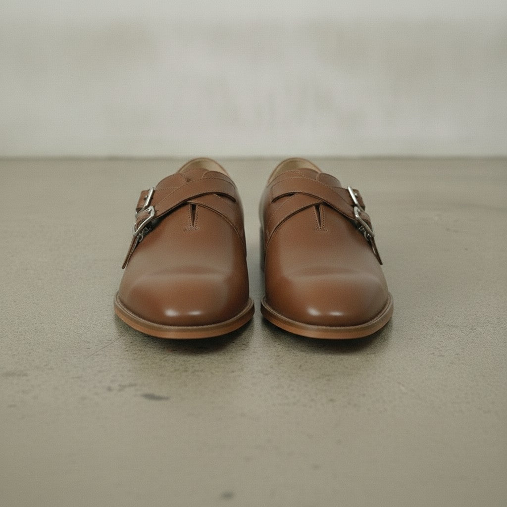 Men's Brown Plain-Toe Leather Double Monk Strap Shoes — Farlam