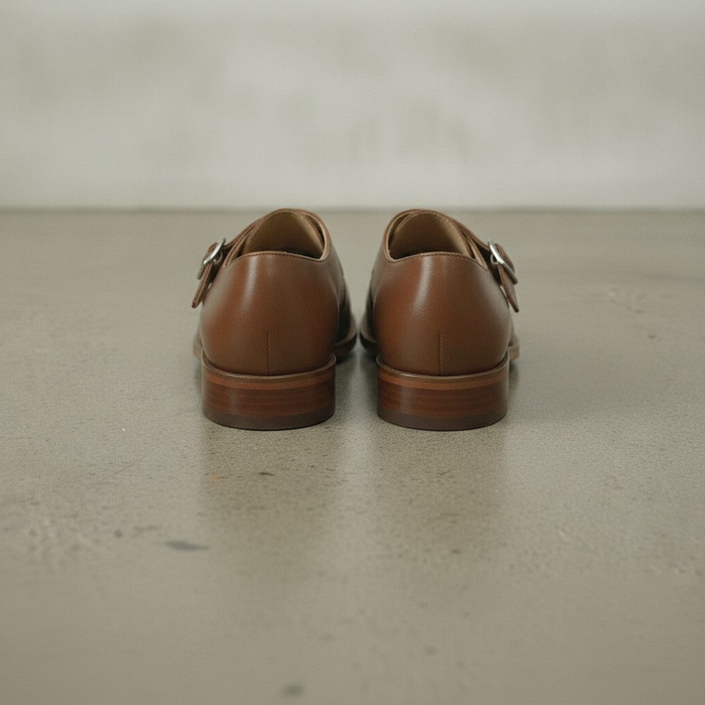 Men's Brown Plain-Toe Leather Double Monk Strap Shoes — Farlam