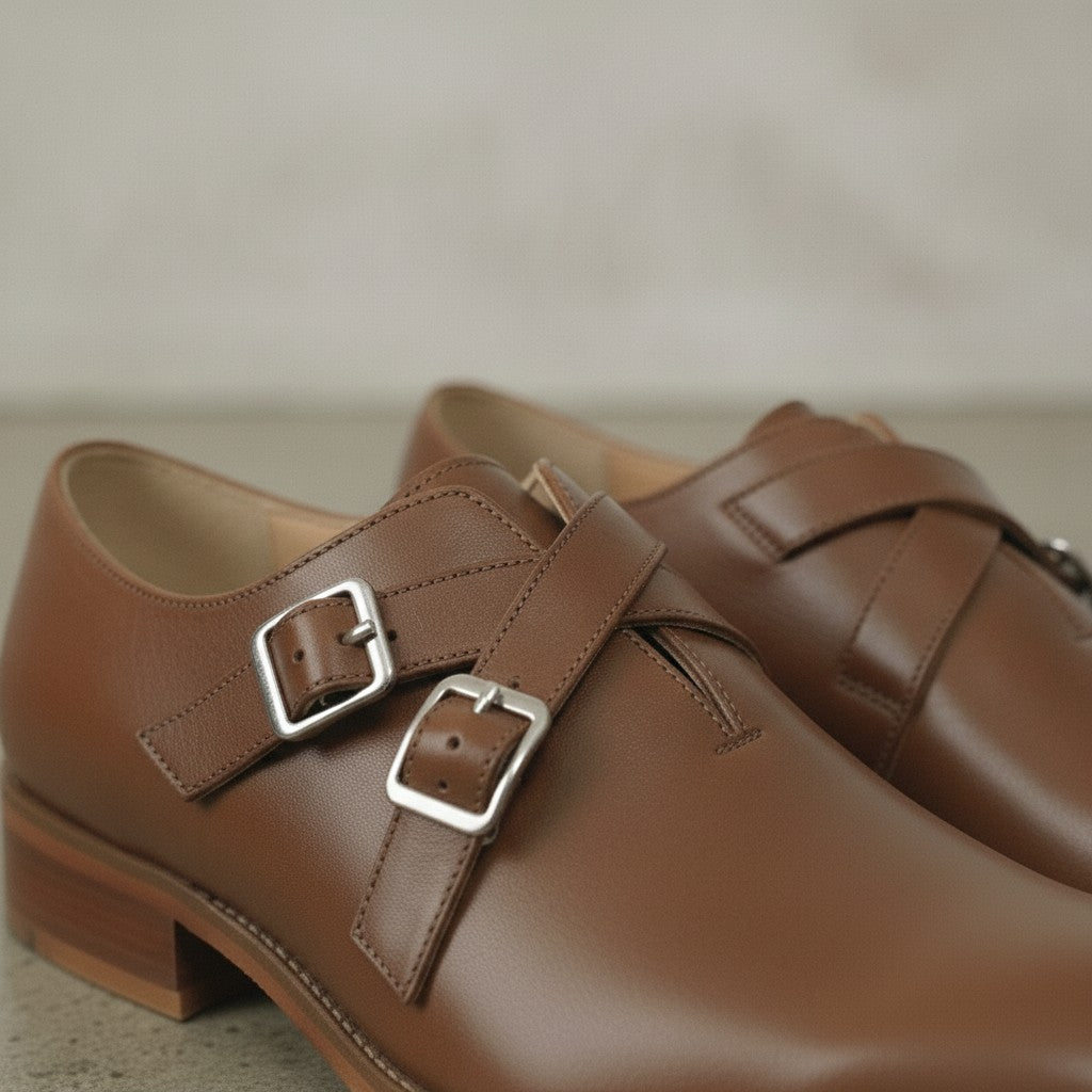 Men's Brown Plain-Toe Leather Double Monk Strap Shoes — Farlam