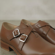 Men's Brown Plain-Toe Leather Double Monk Strap Shoes — Farlam