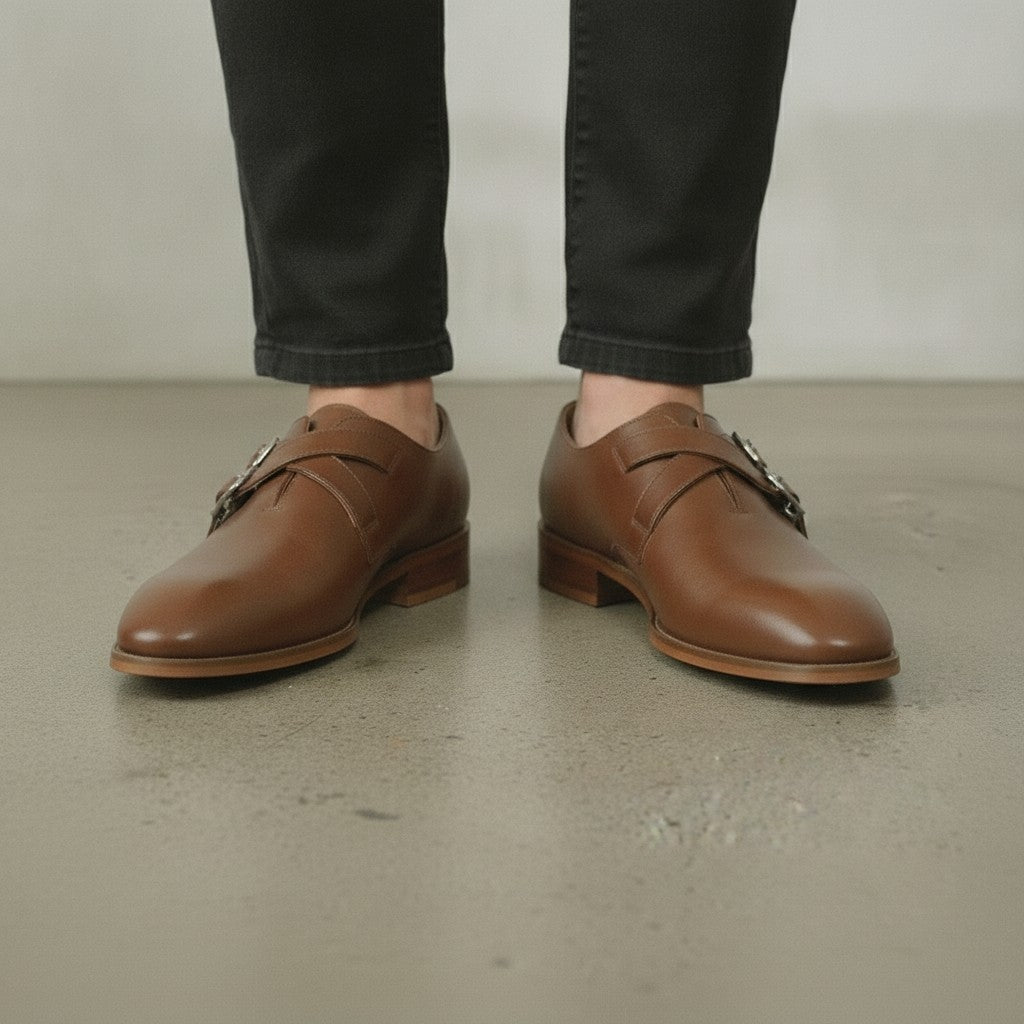 Men's Brown Plain-Toe Leather Double Monk Strap Shoes — Farlam
