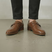 Men's Brown Plain-Toe Leather Double Monk Strap Shoes — Farlam