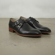 Men's Black Plain-Toe Leather Double Monk Strap Shoes — Farlam