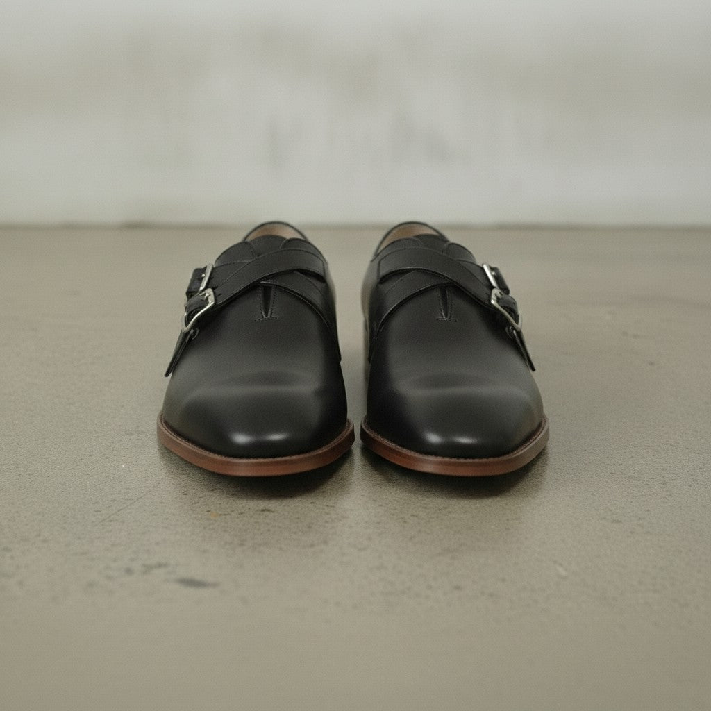 Men's Black Plain-Toe Leather Double Monk Strap Shoes — Farlam