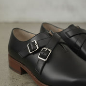 Men's Black Plain-Toe Leather Double Monk Strap Shoes — Farlam