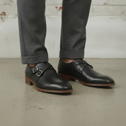 Men's Black Plain-Toe Leather Double Monk Strap Shoes — Farlam