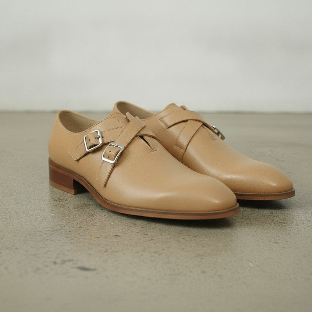 Men's Tan Plain-Toe Leather Double Monk Strap Shoes — Farlam